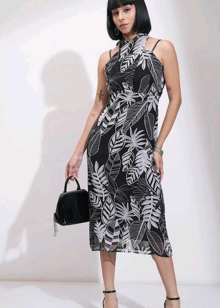 Leaf Print Halter Midi Dress