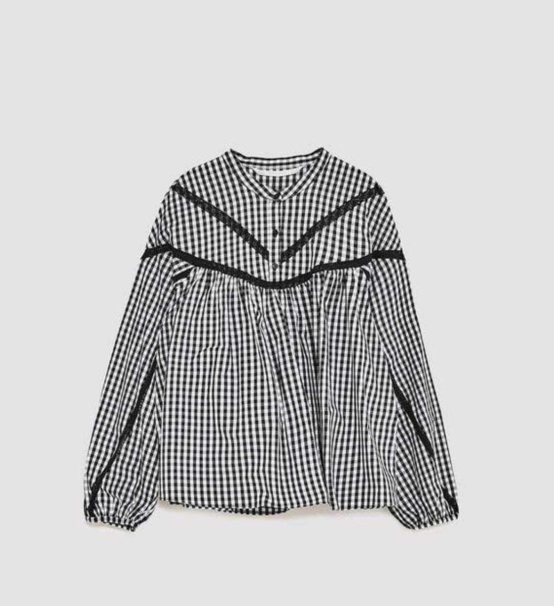 Zara Gingham Lace Trim Blouse