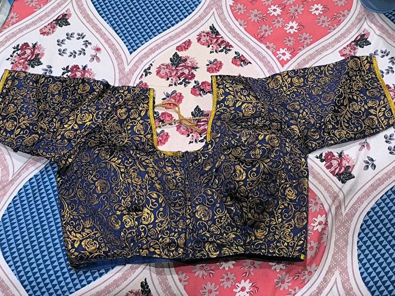 Royal Blue Banarasi Blouse With Golden Detailing