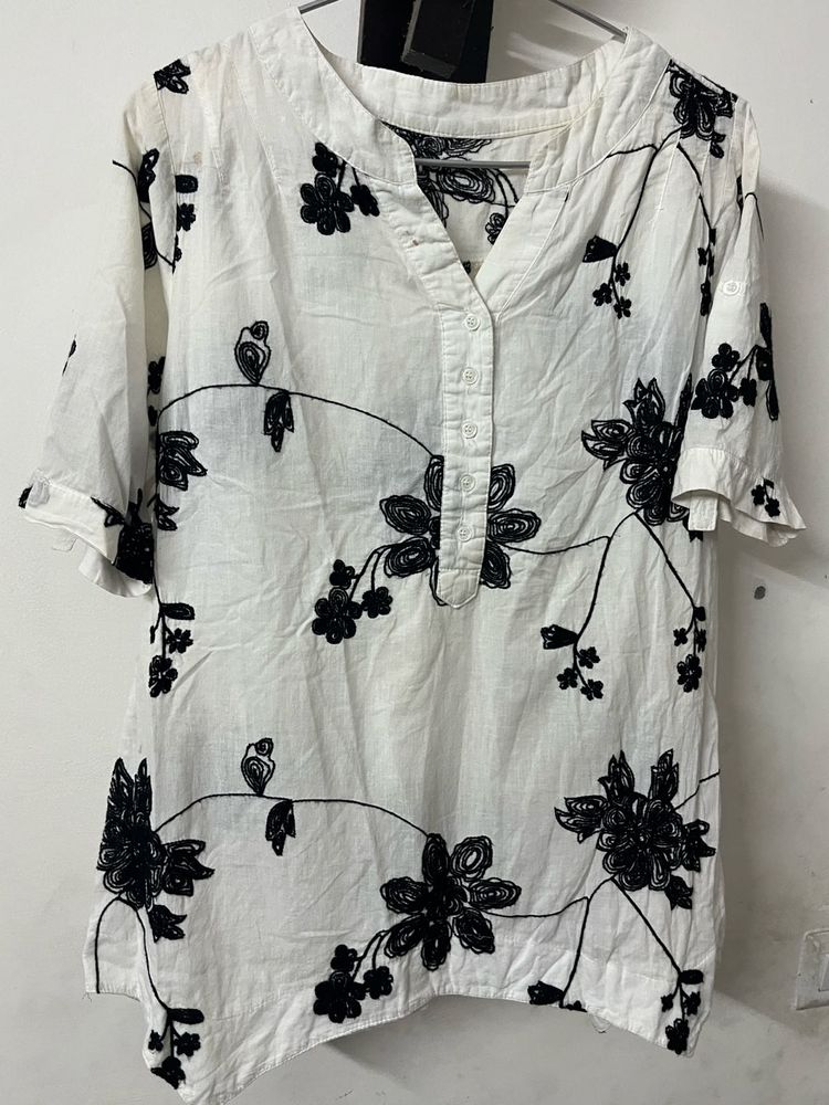 Embroidered Black and White Regular Fit Top.