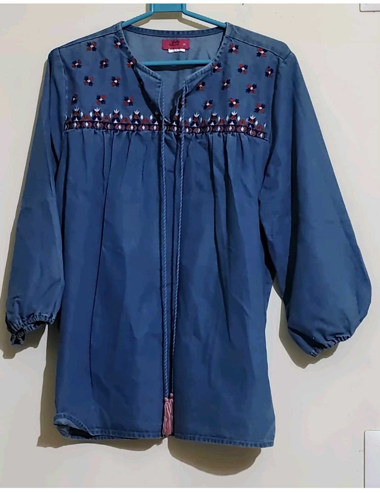Embroidered Denim Tunic Top