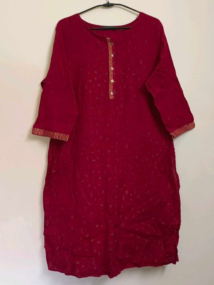 Pure Cotton Maroon Kurti with Golden Lace Border