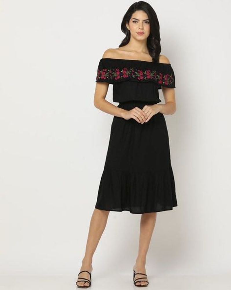 Floral Embroidered Off-Shoulder Dress