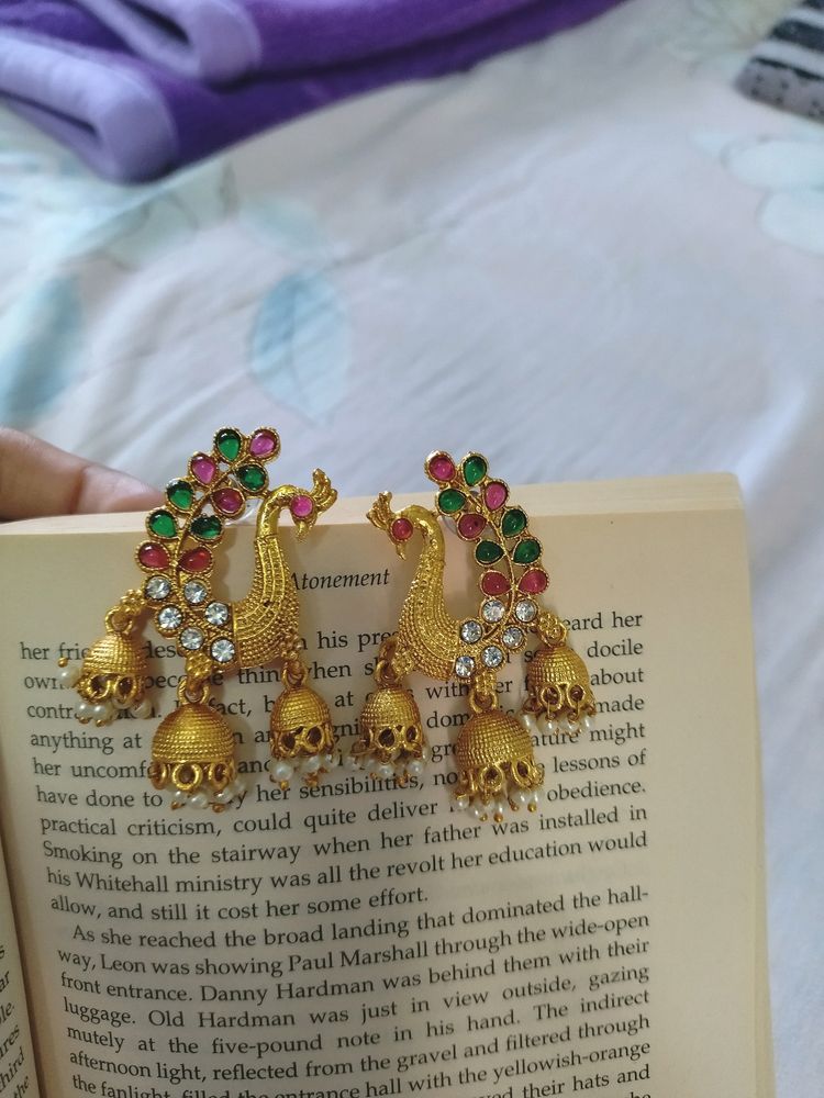 Golden Peacock Jhumkis With Red And Green Bead Detailing