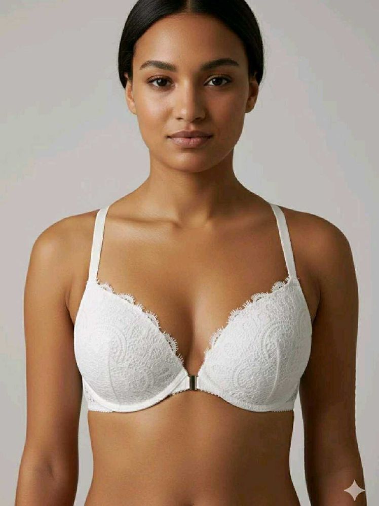 White Lace Front-Open Bra 36A