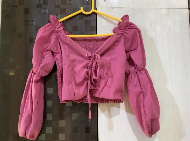 Pink Long Sleeve Crop Top