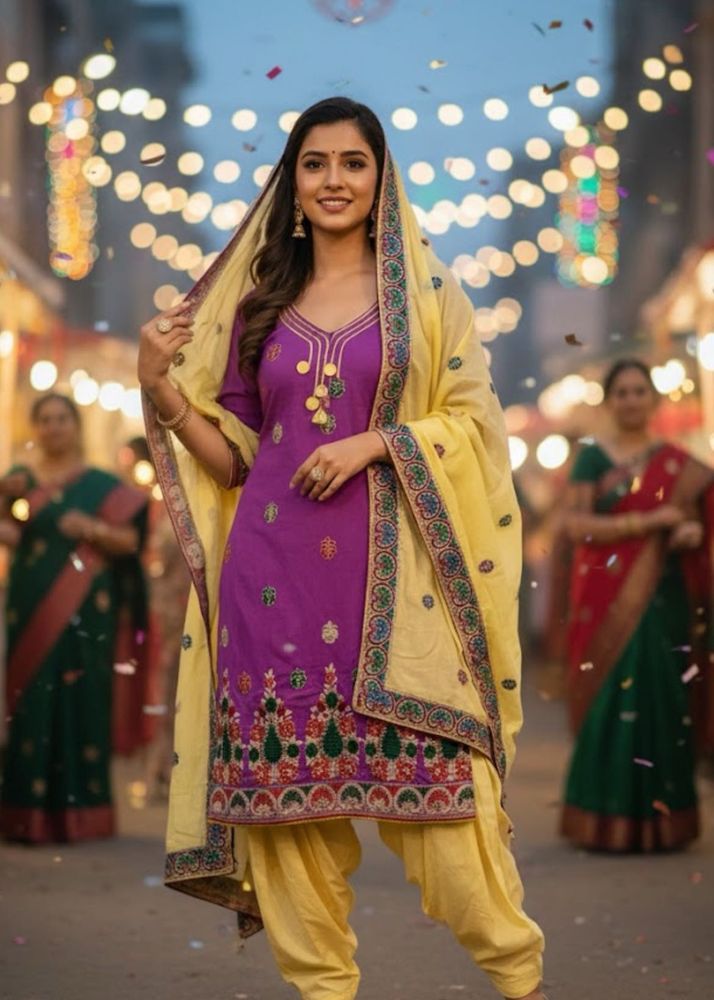 Purple &amp; Yellow Embroidered Salwar Kameez