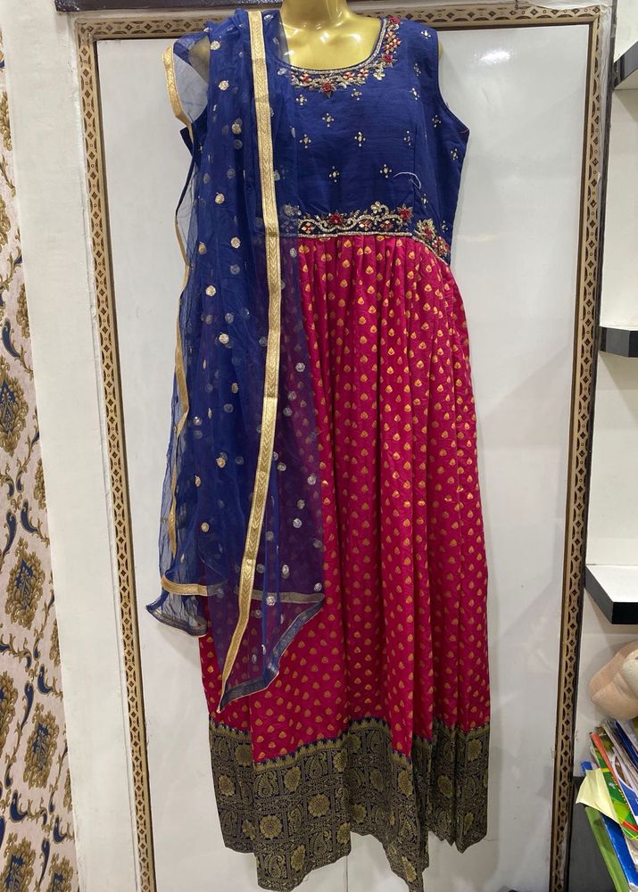Pink &amp; Blue Anarkali Dress With Dupatta