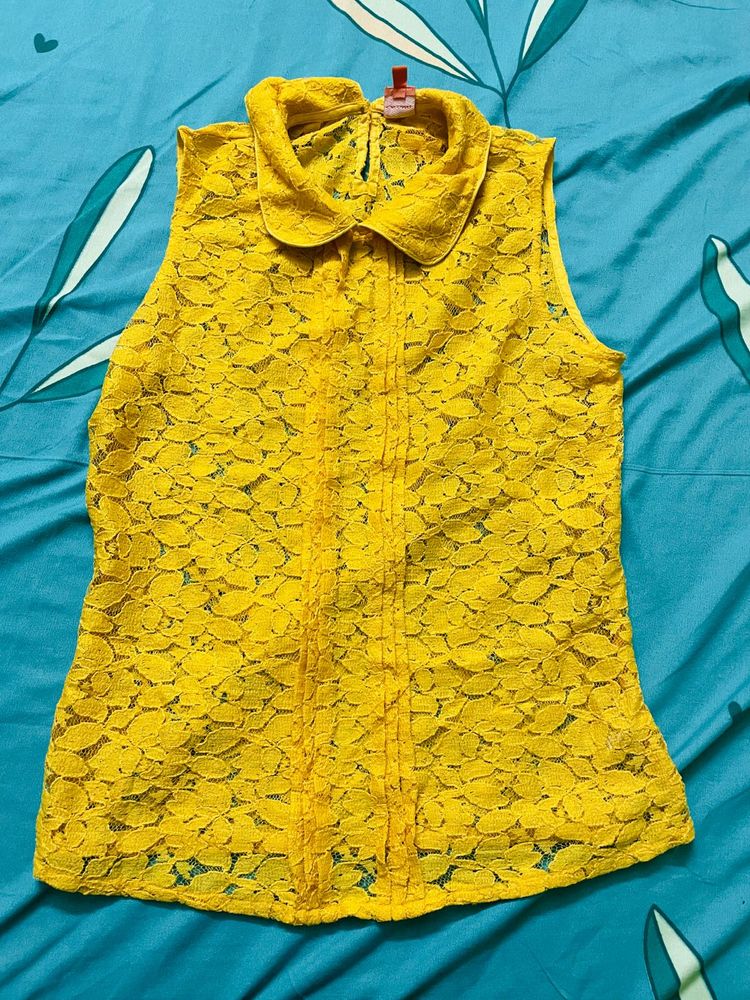 Yellow Net Collared Top