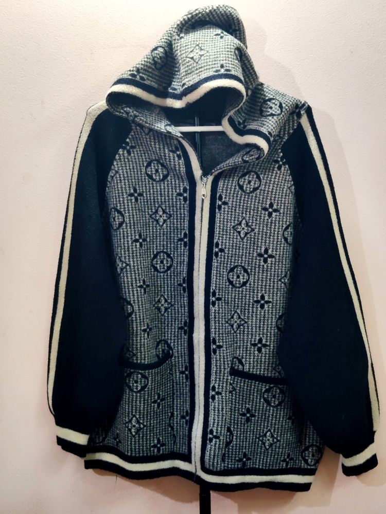 men&#39;s premium imported Blue Logo Wool Hooded jacke