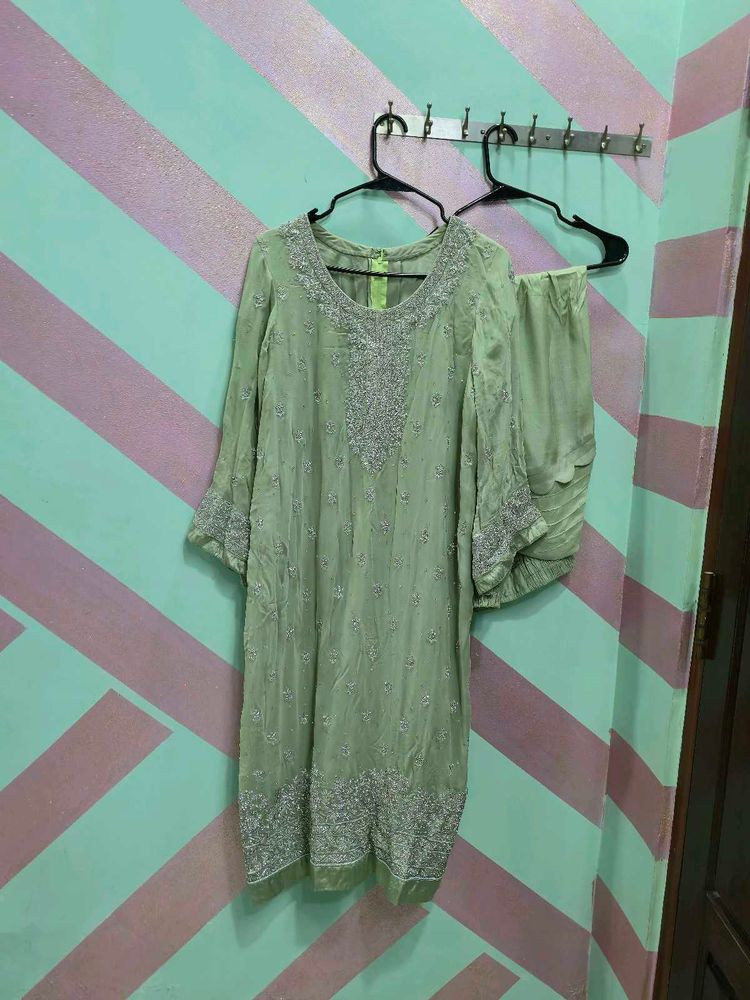 Pastel Green Zardozi &amp; Stonework Designer Suit