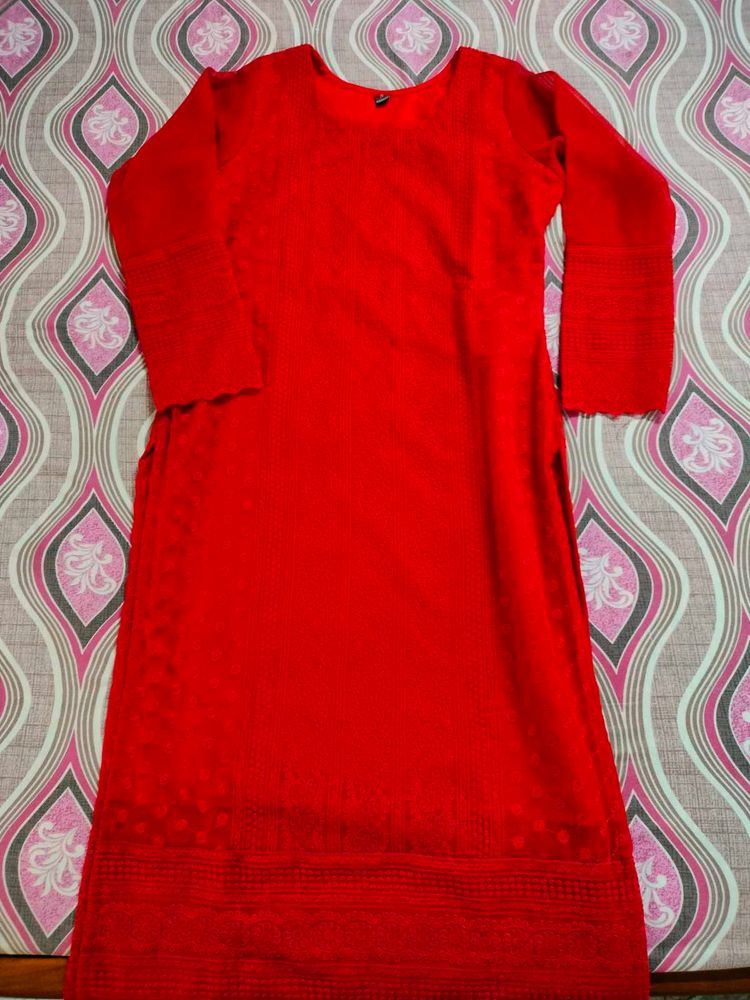 Elegant Georgette Chikankari Red Kurta