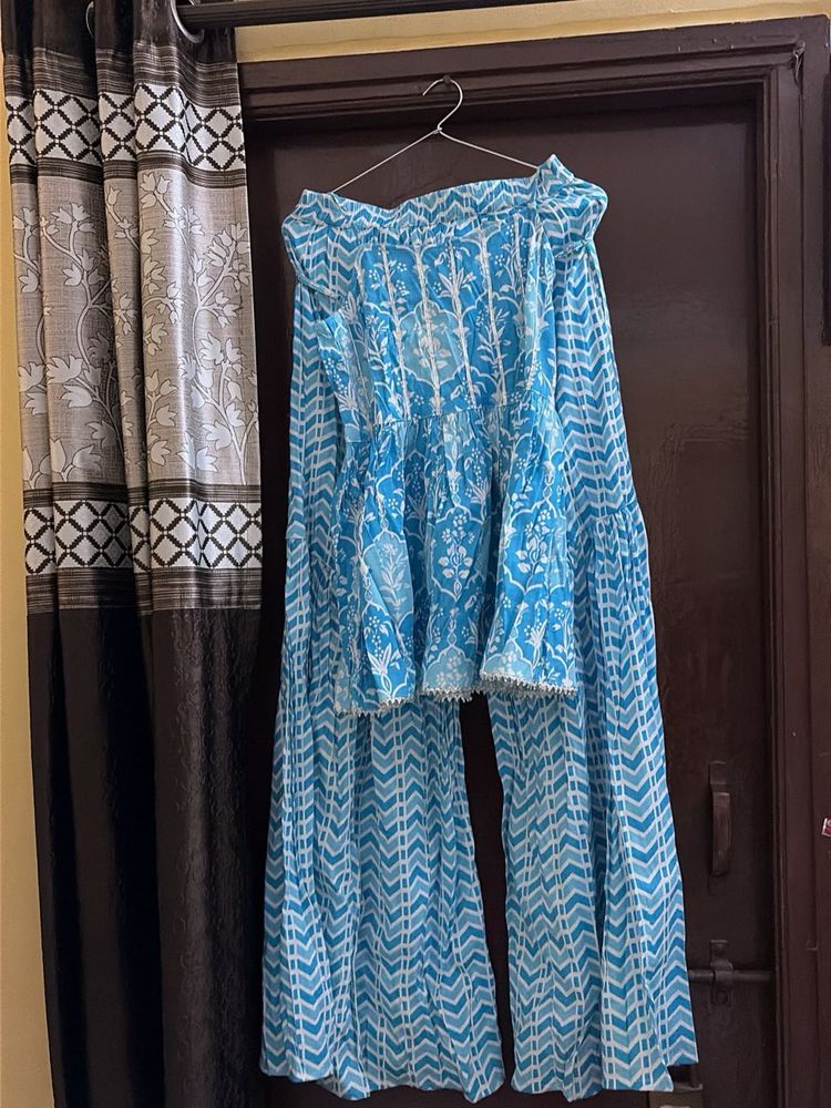 Blue Printed Kurta Sharara Set