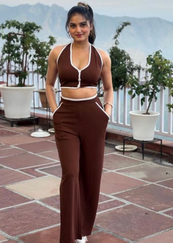Brown Crop Top &amp; Pants Set