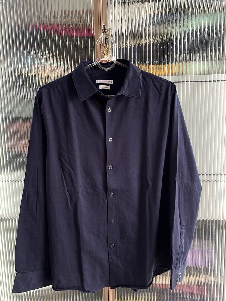 Zara Navy Blue Button-Down Shirt (Made in Morocco)