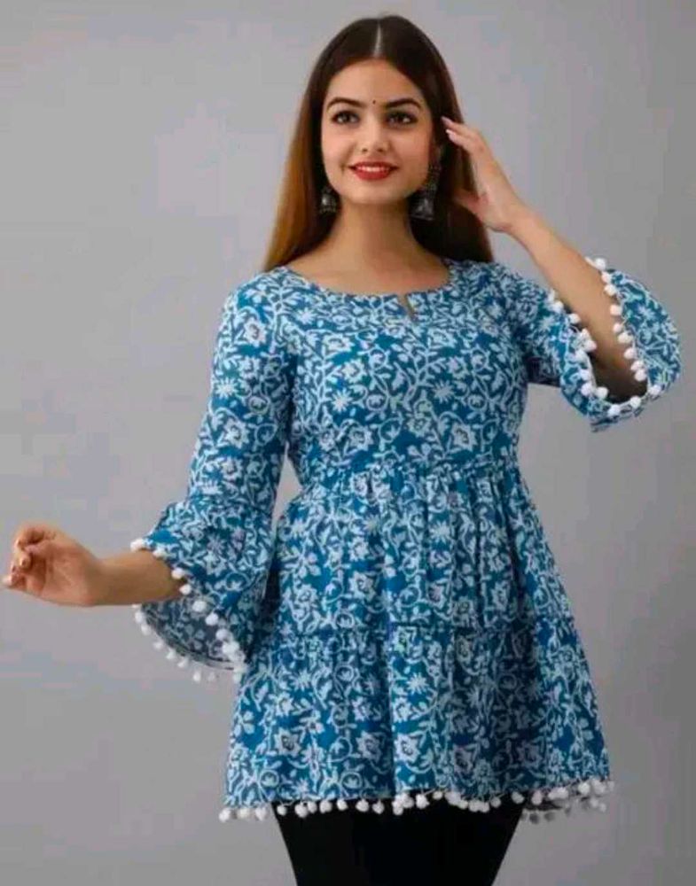 Blue Floral Tiered Top with Pom-Pom Trim