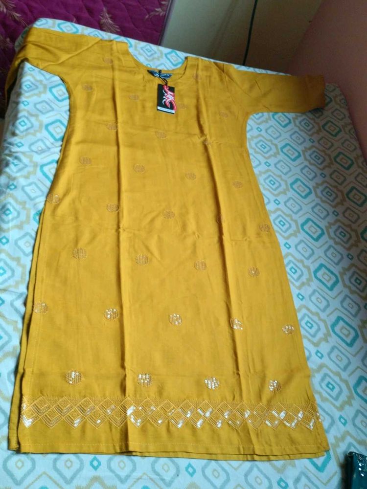 Mustard Yellow Embroidered Kurti