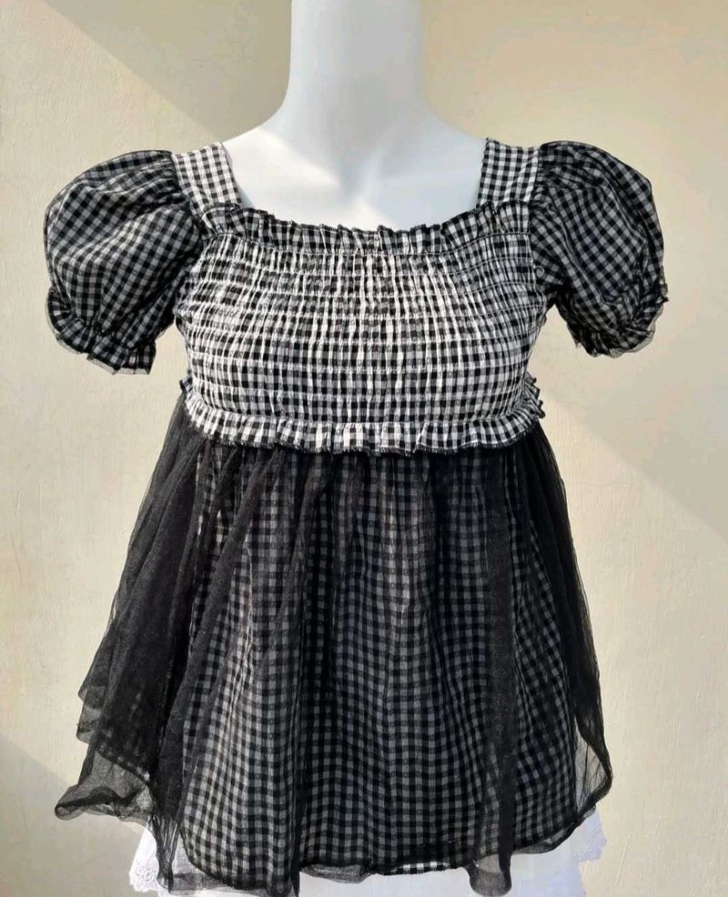 Gingham Tulle Puff Sleeve Top
