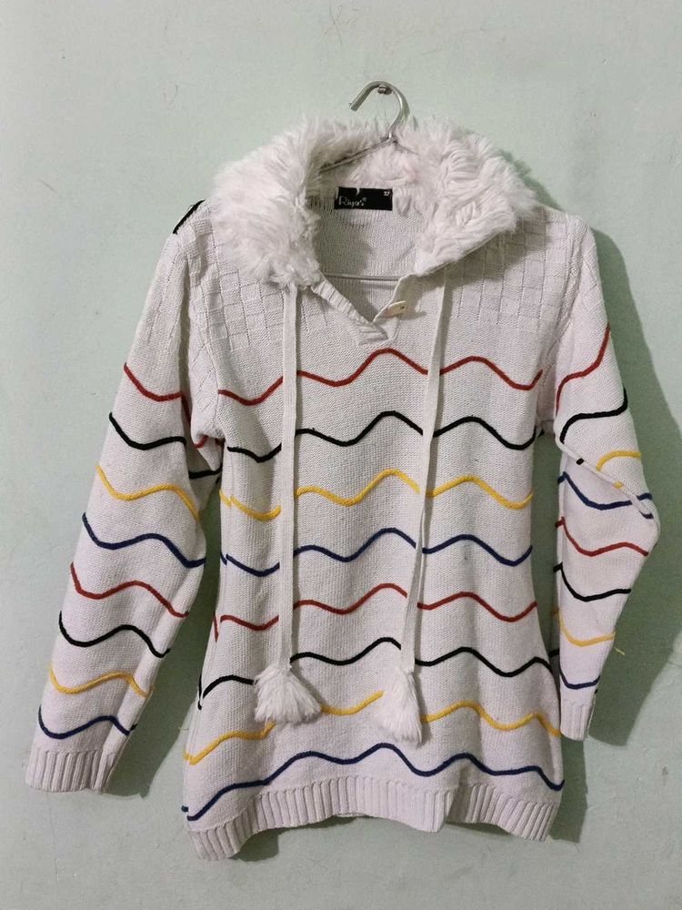 Fur Collar Striped Knit Sweater