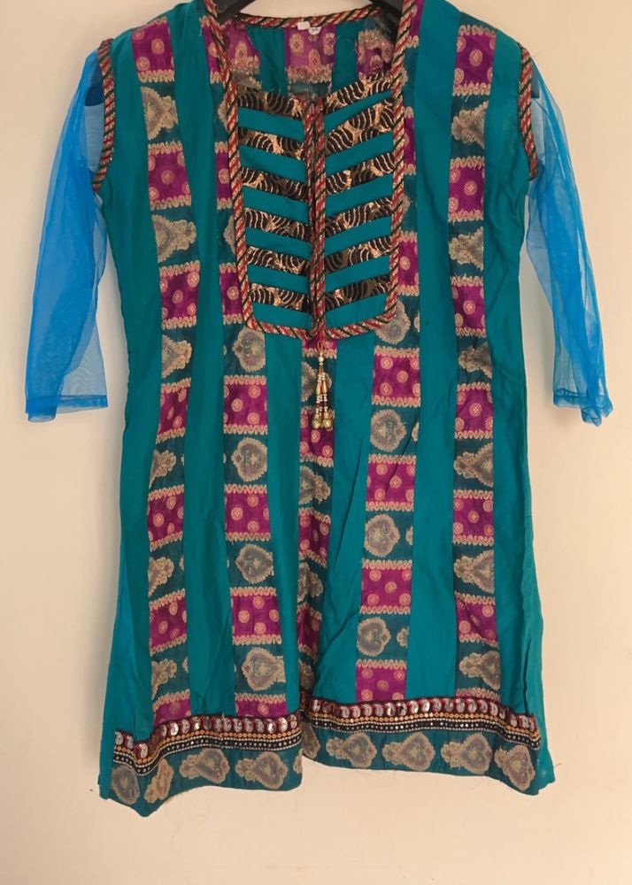 Cotton Silk Kurta With Net Sleeves