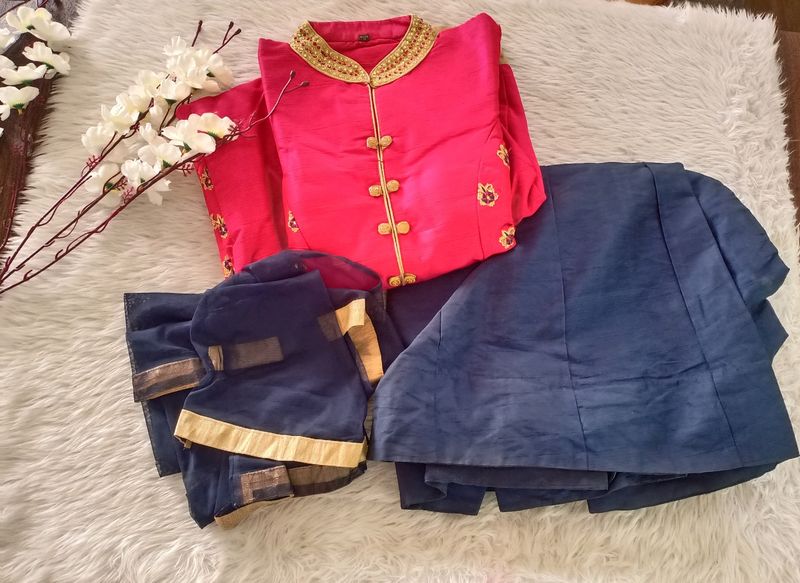 Pink &amp; Navy Ethnic Skirt Kurta Set (Women's)