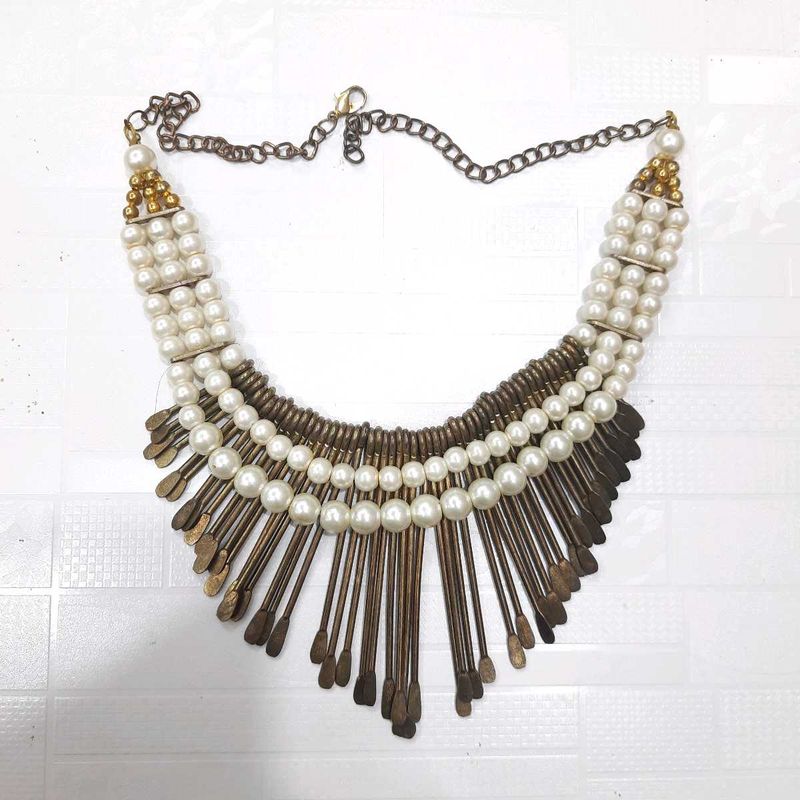 Statement Pearl &amp; Metal Fringe Necklace