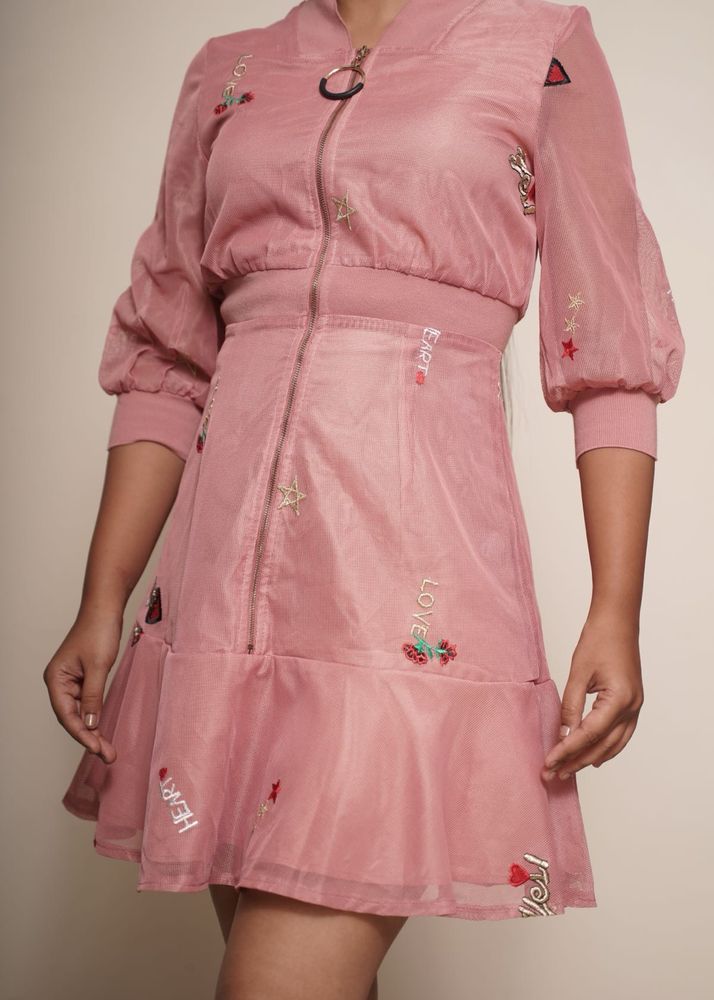 Pink Embroidered Bomber Jacket Dress