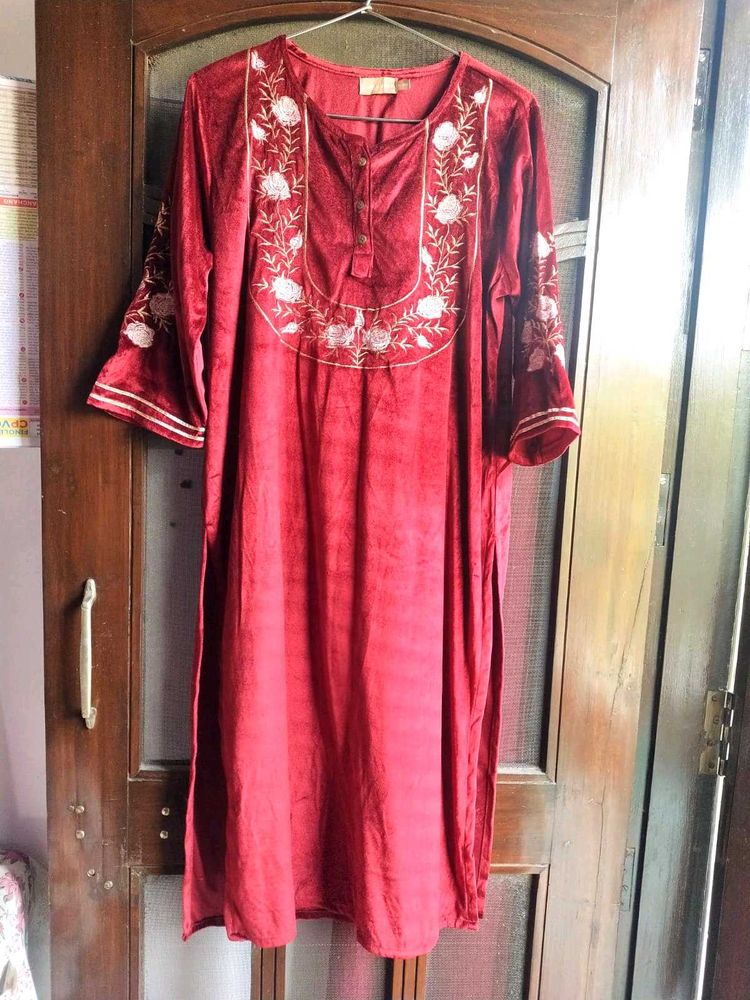 Velvet look Embroidered Kurta