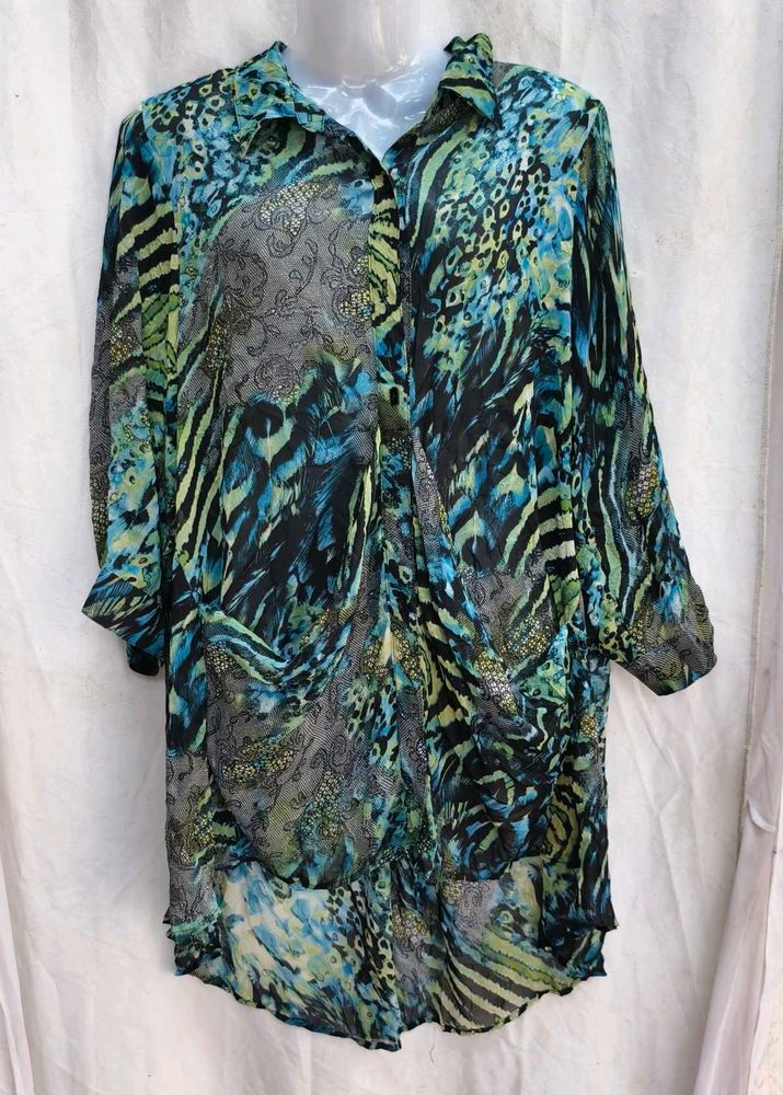 I. Printed Sheer Button-Up Top