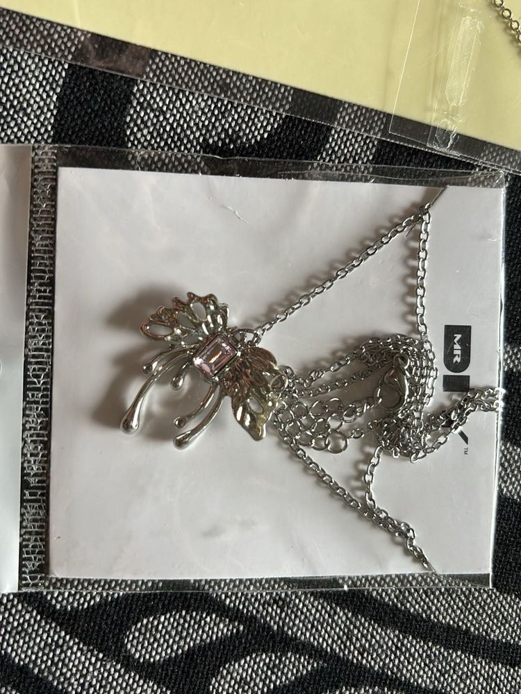 Silver Butterfly Necklace And Heart Necklac