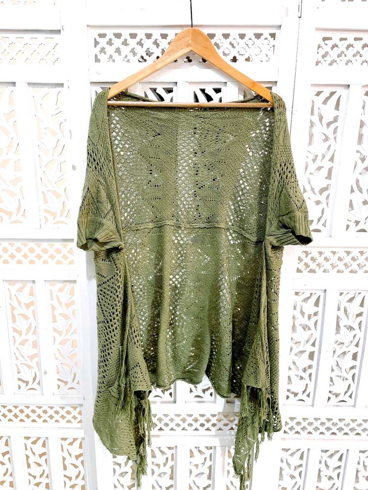 Boho Chic Olive Green Tassel Knitted Shrug D