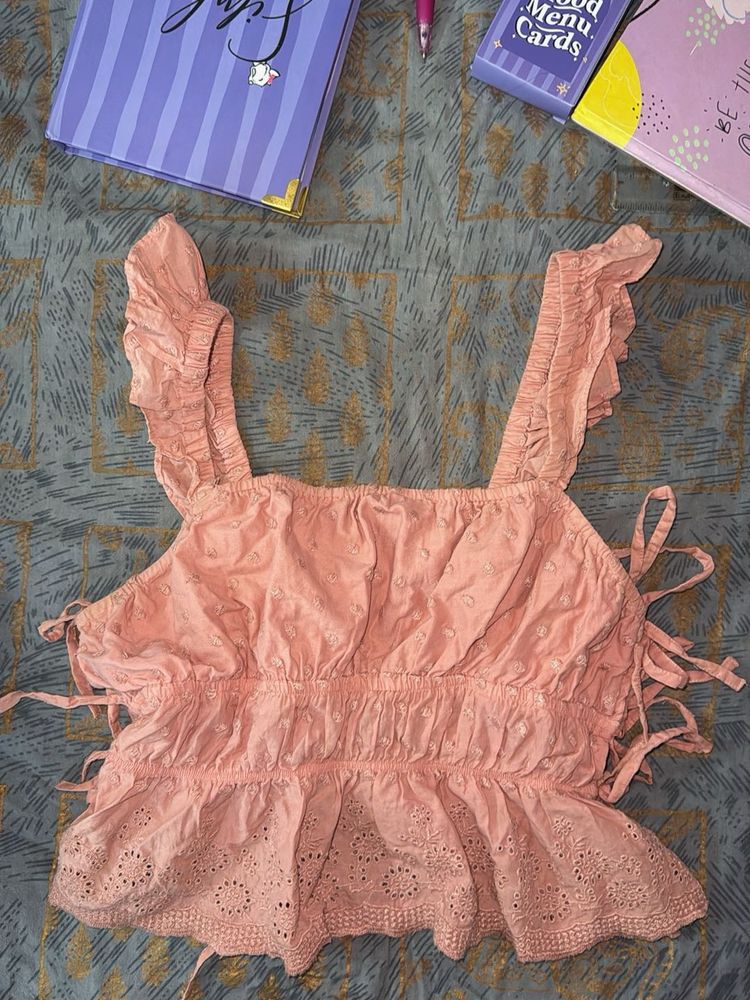 Chikankari Peach Ruffle Crop Top