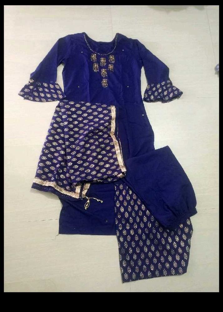 Blue Embroidered Kurta, Duppata &amp; Plazzo Pair