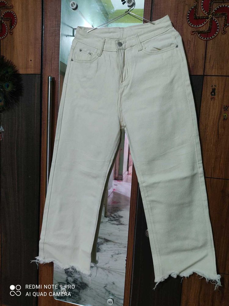 Cream Raw Hem Wide Leg Jeans
