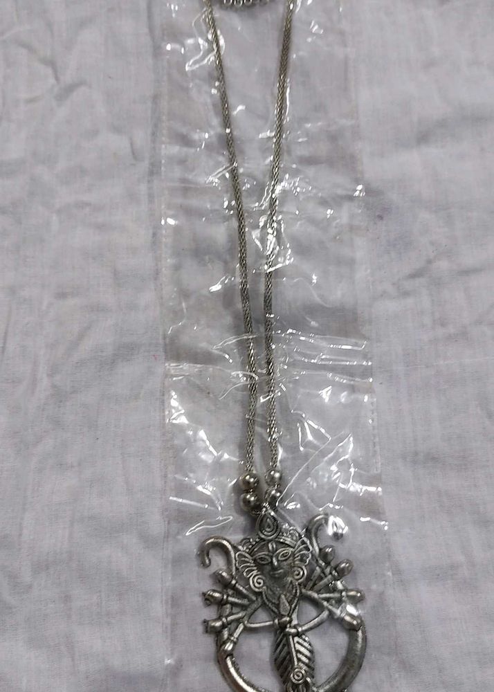 Silver Tone Durga Pendant Necklace