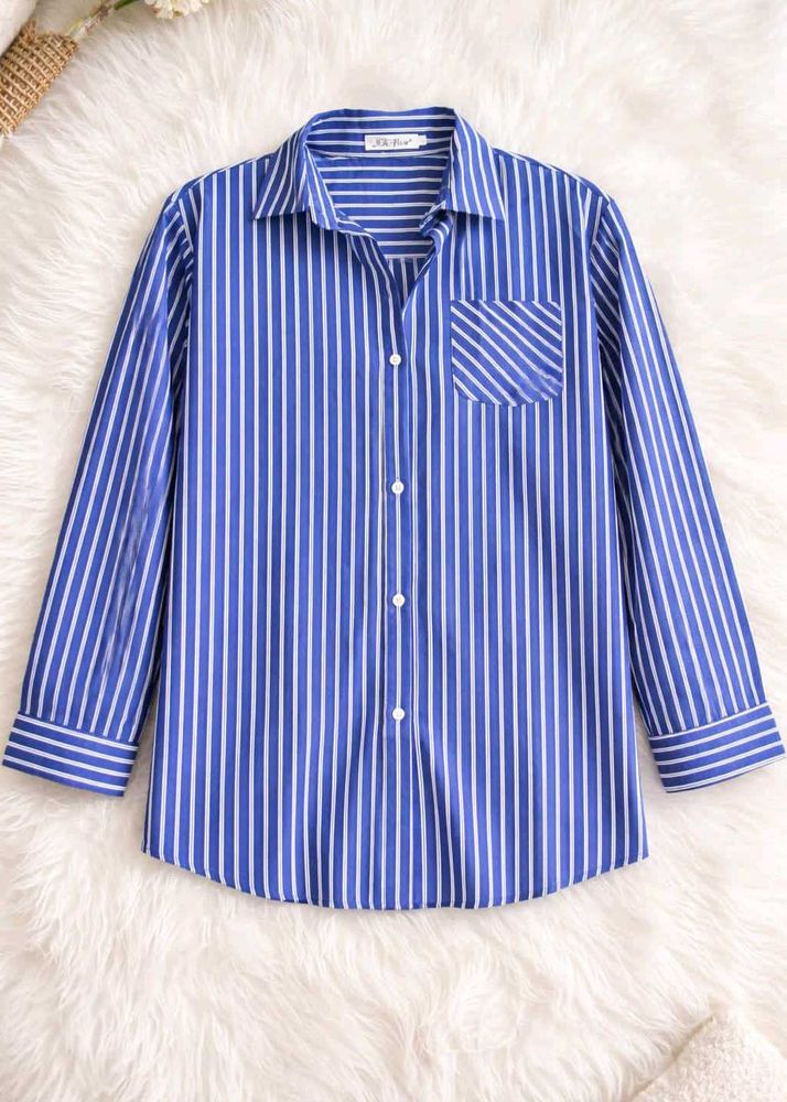 Striped Blue Button-Down Shirt with winter cardiga