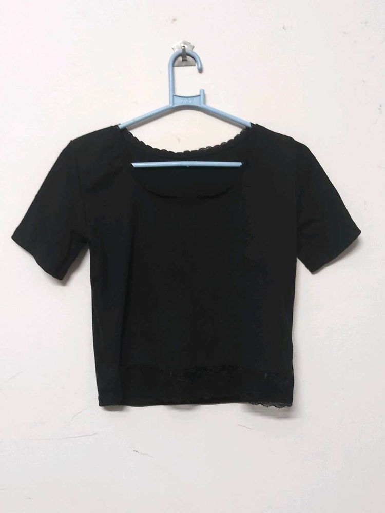 Black Lace Trim Crop Top