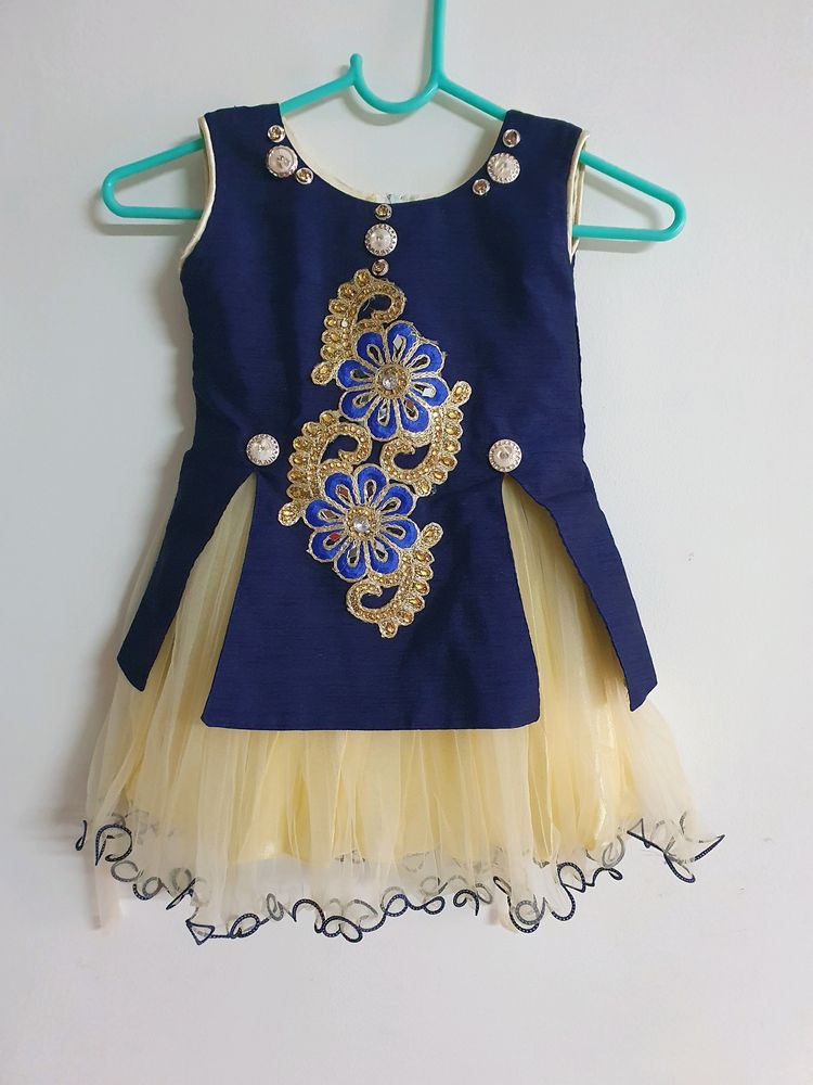 Blue And Cream Dress For Girl(12-18month)