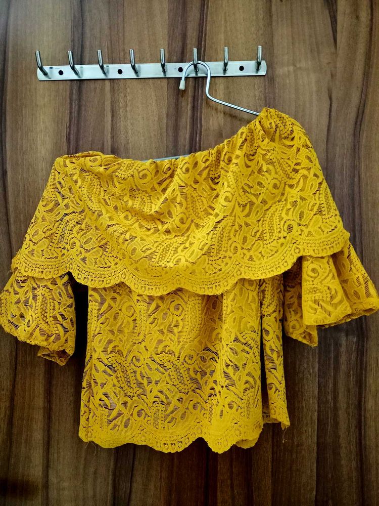 Mustard Off-shoulder Lace Top