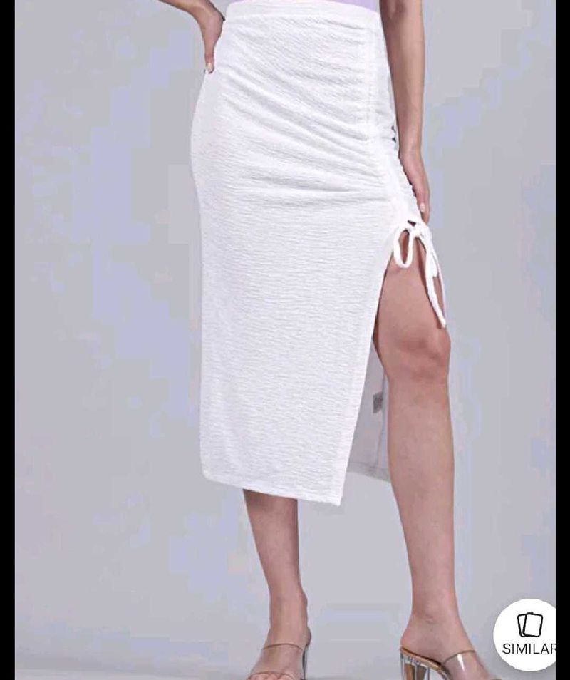 White Ruched Drawstring Midi Skirt