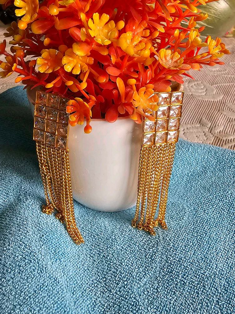 Stone Studded With Tassel Earrings