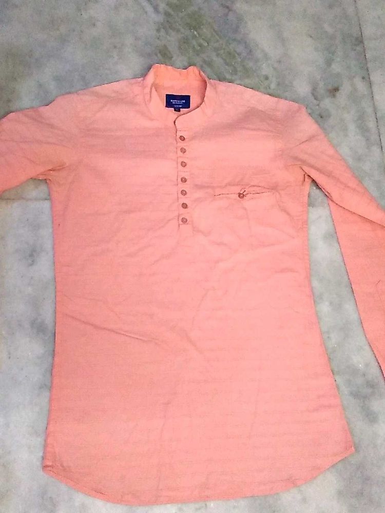 Men’s Peach Cotton Kurta Style Shirt