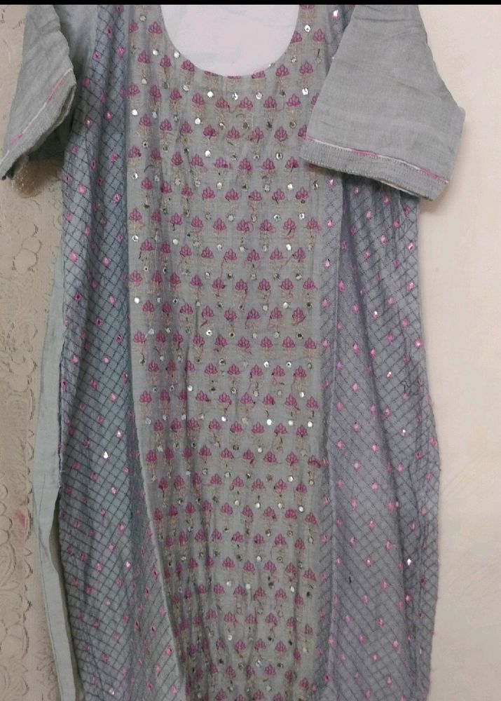 Grey &amp; Pink Embroidered Kurti