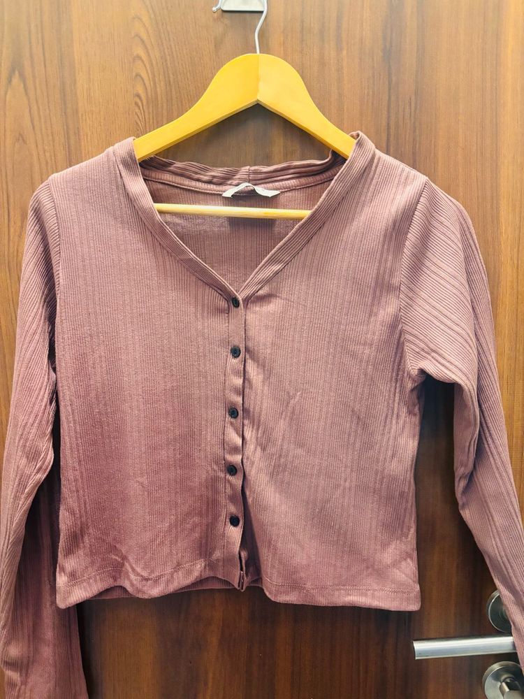 Mauve Ribbed Button-Front Top