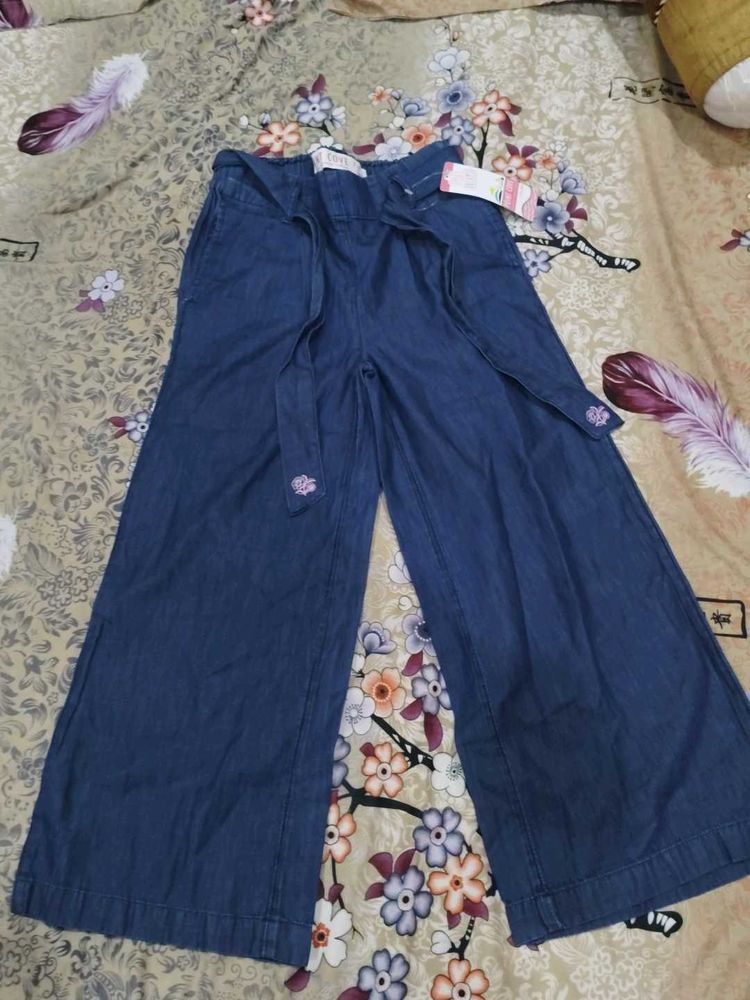 Denim Wide Leg Pants with Tie