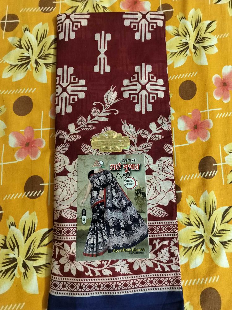 Maroon &amp; White Printed  cotton Saree