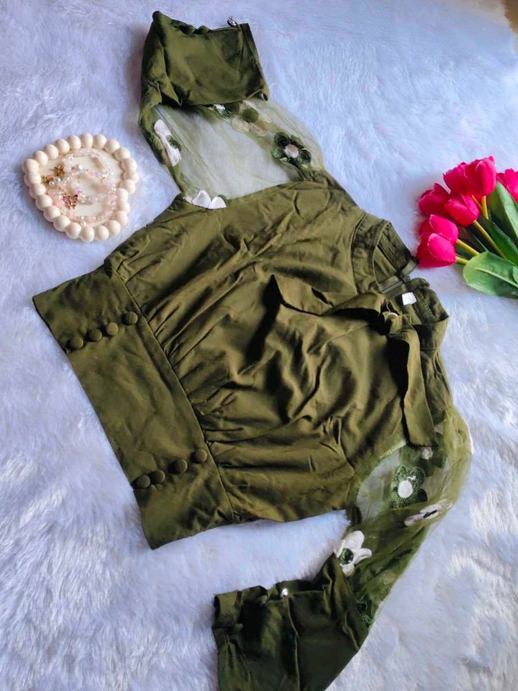 Olive Green Floral Detail Top