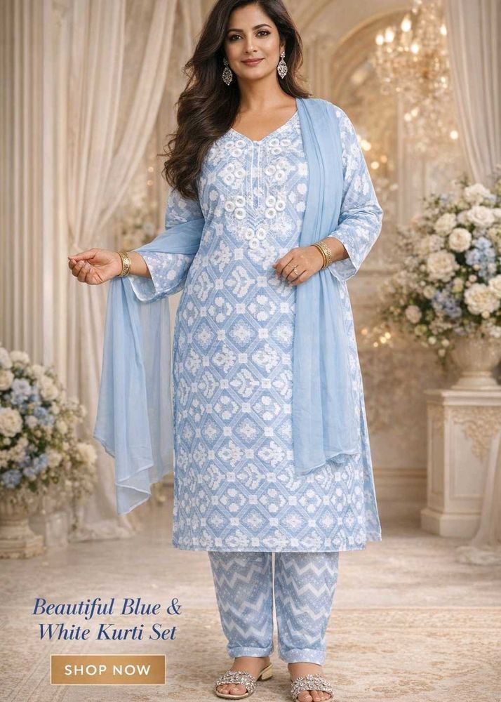 Elegant Blue &amp; White Kurta Set