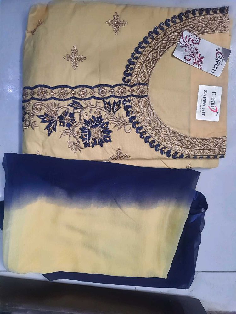 Cotton Unstitched Suit with Neck Embroidery | Soft