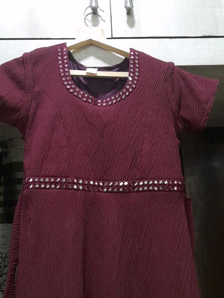 Maroon Mirror Work Dress -45 Inches Long